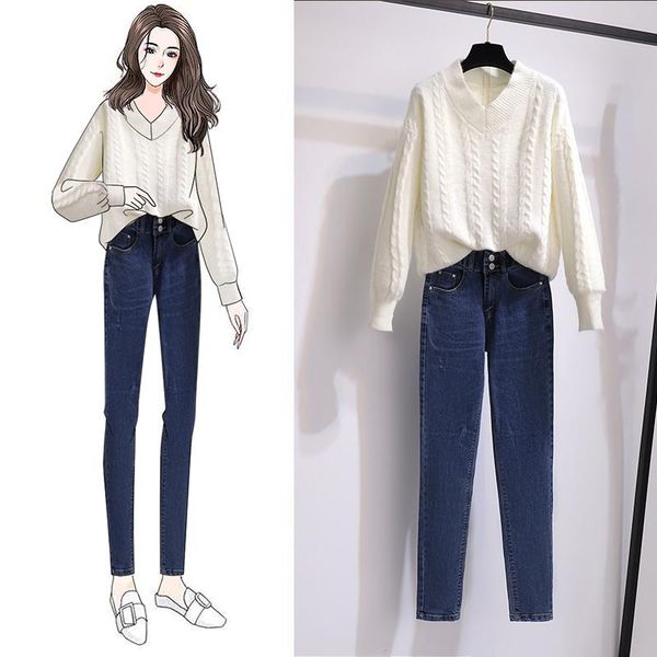 

2020 winter autumn v-neck solid knitted sweater pullover high waisted jeans pants casual 2 piece sets, Gray