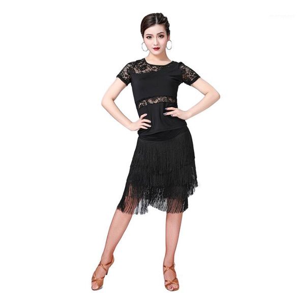 

new fashion women dance clothes salsa samba wear class dress short sleeves spandex lace latin costume fringe skirt1, Black;red