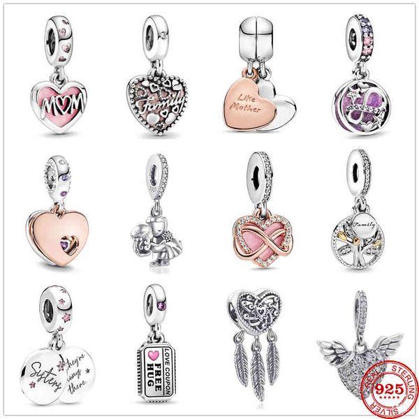 

925 sterling silver love family mother & daughter heart split pendant diy fine beads fit original pandora charm bracelet jewelry, Golden;silver