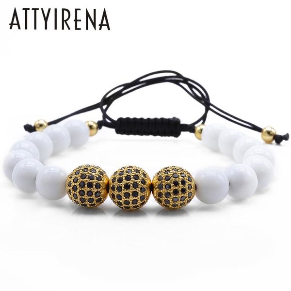 

charm bracelets 8mm natural white round stone beads bracelet for women pave black cz brading macrame high grade woman jewelry, Golden;silver
