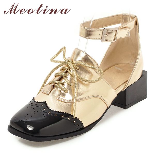 

meotina high heels two piece shoes women lace up thick heels oxfords shoes mixed colors square toe ankle strap pumps size 33-46 t200525, Black