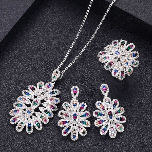 

fashion trendy wedding necklace earrings for women accessories full cubic zirconia bridal jewelry sets pendientes mujer moda t200507, Slivery;golden