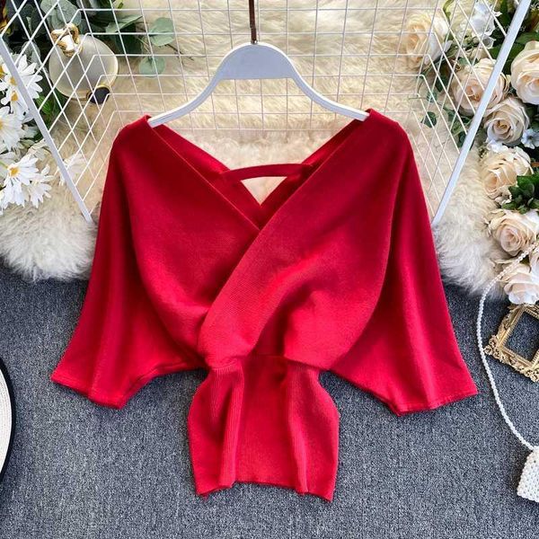 

2020 spring fashion elegant women knitted batwing sleeve backless v neck ins short pullover ladies femme knitting1, White;black