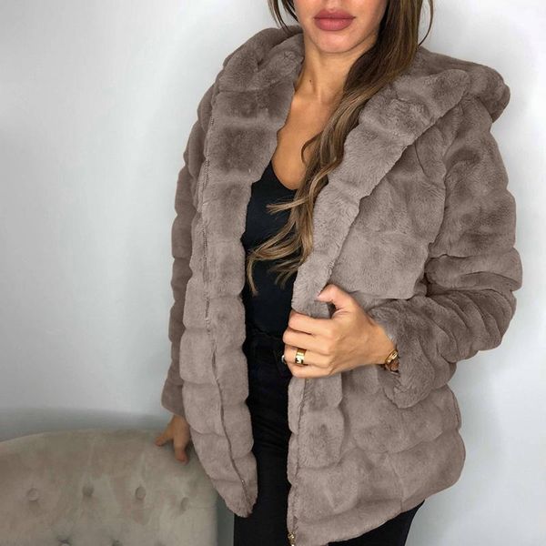 

faux fur coats women warm long sleeve hooded outwear 2021 fashion autumn and winter ladies velvet elegant overcoats female, Black