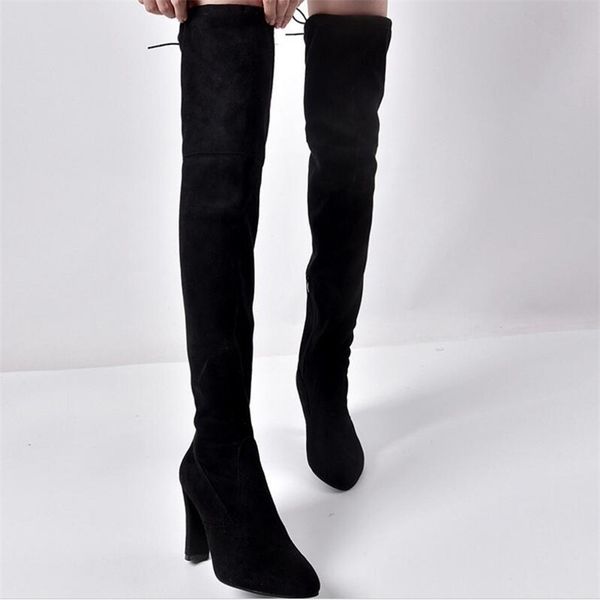 

warm autumn and winter new pointed thick with side zipper over the knee elastic boots women's shoes y200114, Black