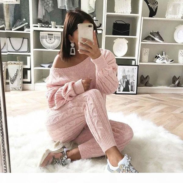 

womens ladies solid off shoulder cable knitted warm 2pc loungewear suit set autumn sweater women 2018 sweater woman winter plaid, White;black
