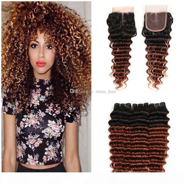 

peruvian virgin human hair bundles two tone 1b 33 dark root auburn deep wave lace closure with bundles deep curly ombre hair weave, Black;brown