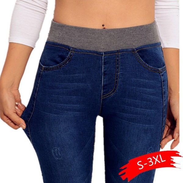 

stretch skinny jeans for women 2020 winter warm denim pants thicken thin high waist pencil pants female fall jean trousers1, Blue