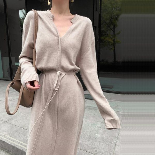 

casual dresses long knitted dress for women elegance solid color v-neck sashes autumn korean style chic 2021 fashion, Black;gray