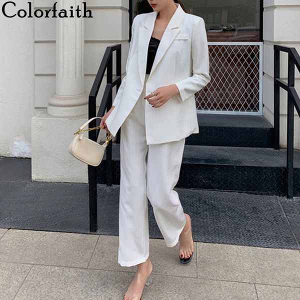 

colorfaith 2020 new summer autumn women sets 2 piece matching pants casual high waist office lady striped elegant suit ws20008 t200702, White