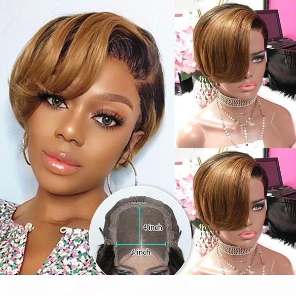

4x4 ombre pixie cut wig colored lace front human hair wigs preplucked short lace bob 150% brazilian remy honey blonde 1b 27 wig, Black;brown