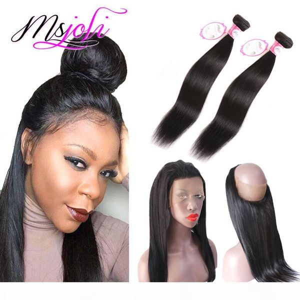 

malaysian virgin human hair straight wave natural color 360 lace frontal with two bundles queen unprocessed hair by msjoli, Black;brown