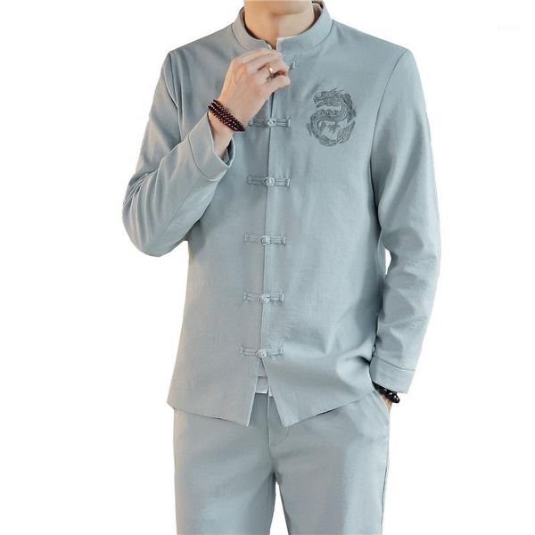

chinese style embroidery mens two-piece set size s  l xl xxl xxxl xxxxl single-breasted long sleeve men jacket and pants1, Gray