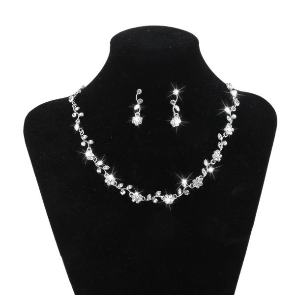 

rhinestone bridesmaid flower shap jewelry set for women bridal necklace & dangle earrings set gifts fit with wedding dress accs, Silver