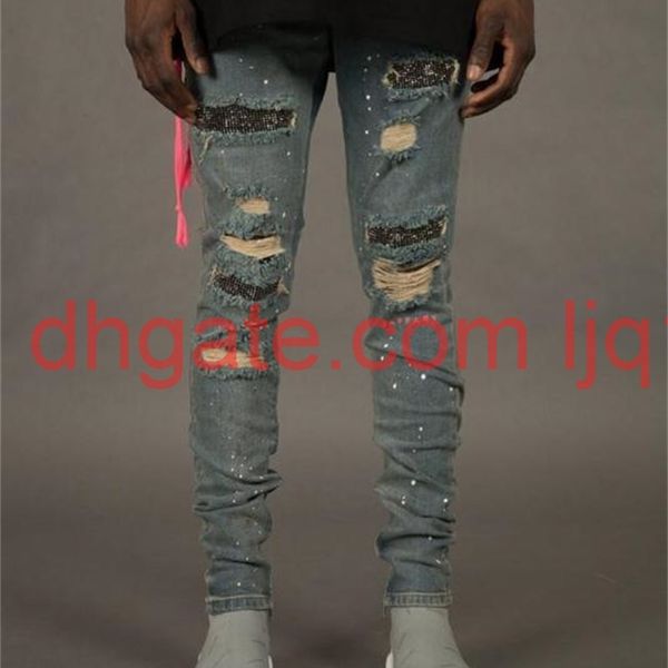 

fashion holes and rhinestone ornament pencil pants homme zipper fly light washed trousers mens designer jeans, Blue