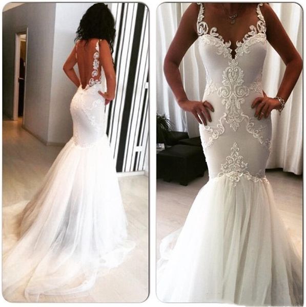 

backless wedding dresses mermaid flower pattern applique lace tulle spaghetti straps bridal gowns 2021 modern robes de mariée, White