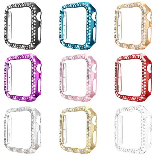 Mulher Luxo Duas Fileiras Diamante SmartWatch Case para Apple Watch 1 2 3 4 5 6 PC Armor Capa para iWatch 38mm 40mm 42mm 44mm tela protetora de boa qualidade