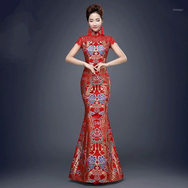

red chinese traditional dress for wedding party women fishtail ancient qipao dress lady cheongsam evening party costume 891
