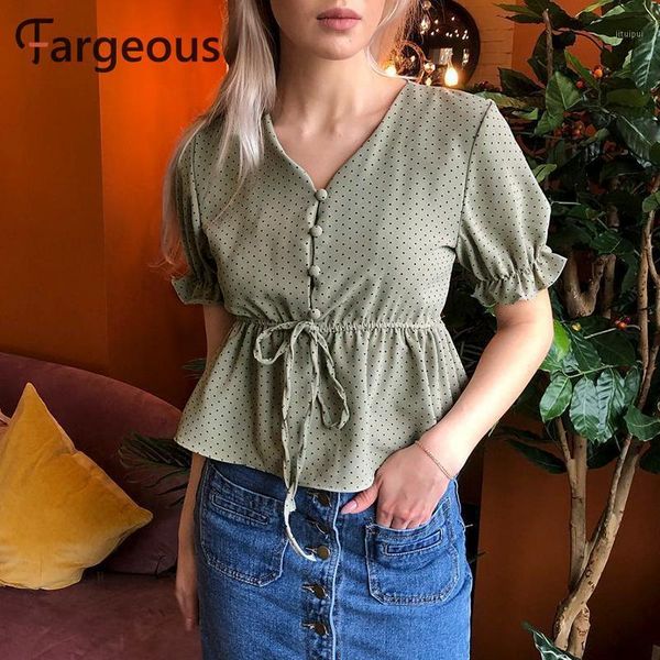 

fargeous vintage v neck drawstring blouse women casual polka dot puff sleeve shirt girl summer peplum shirt ladies holiday blusa1, White