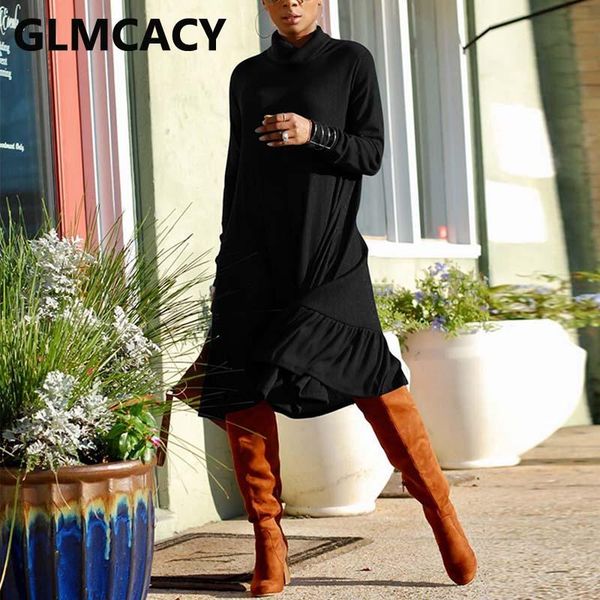 

women turtle neck casual loose dress chic fall winter midi dresses, Black;gray