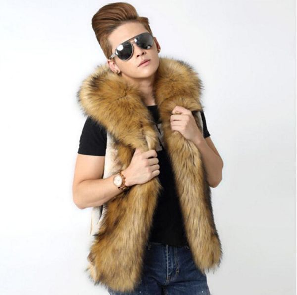 

mens large size hooded imitation fur vests brown casual male 5xl/6xl faux fur waistcoats casual man-made vests s36, Black