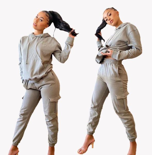 

lemon gina women casual style sports suit gray hooded pockets & cargo pants two piece sets young joggers sportswear