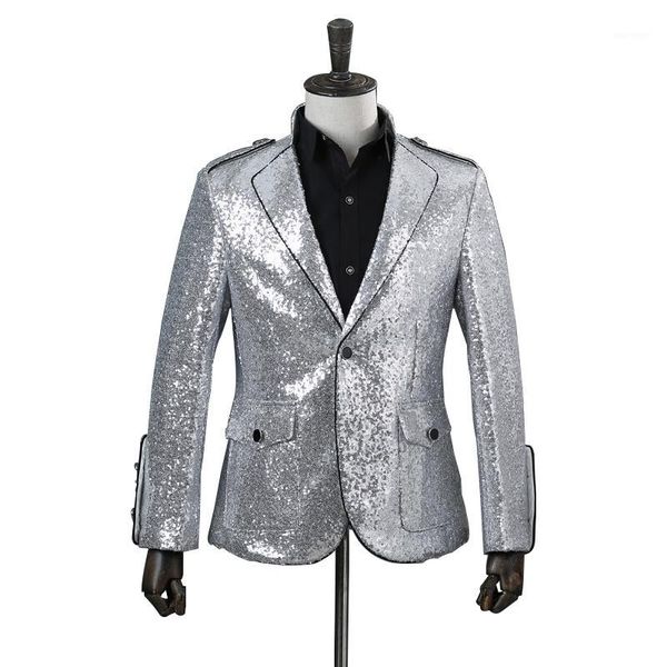

fashion men's one button silver sequin stand collar striped slim suit coat stage singer club communication carnival casual suit1, White;black
