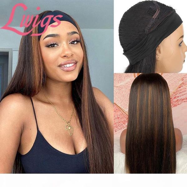 

ombre highlight human hair headband wigs for black women brazilian straight hair scarf wig brown blonde highlights piano, Black;brown