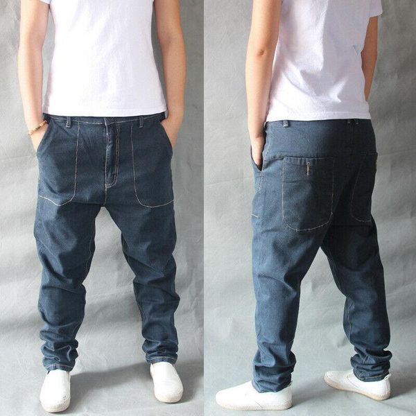 

men's jeans men harem denim pants trousers drop crotch loose baggy hip hop casual blue black 2021