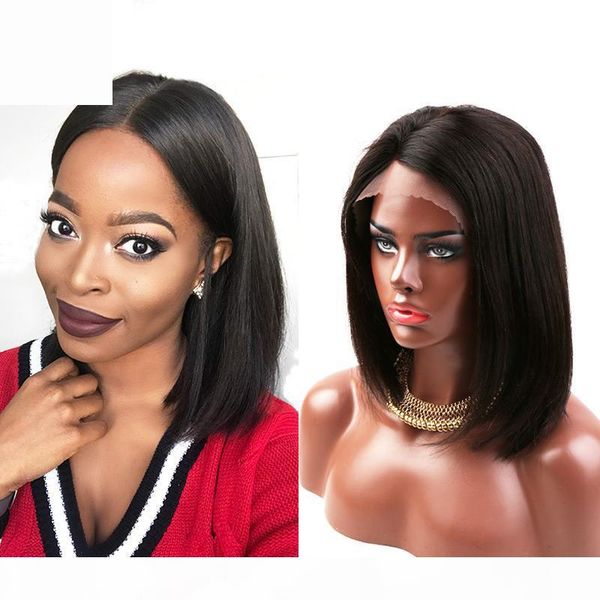 

virgin human hair full lace wig bob cut straight high density 130%150%lace front wig medium brown cap size wig for women, Black;brown