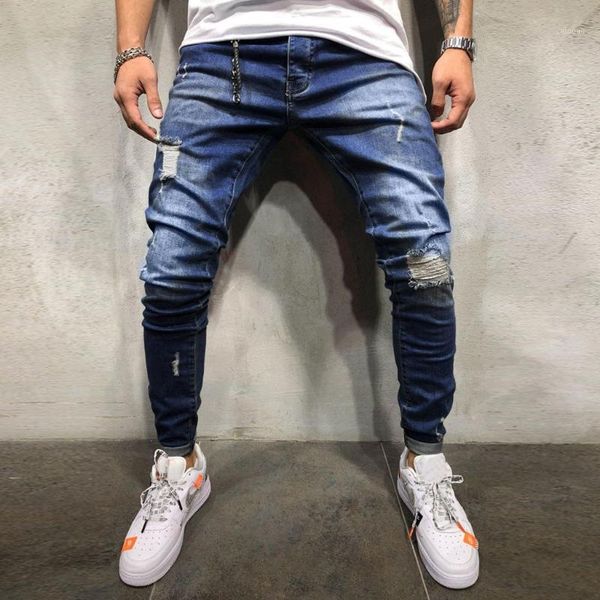 

fashion men's jean pants autumn denim cotton straight hole pocket trousers distressed jeans pants male men streetwear sweatpants1, Blue