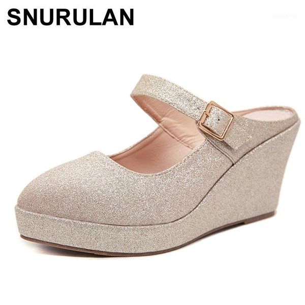 

snurulan women's wedges shoes ladies solid color sequins bling round head shoes woman strap wedges shallow casual slipper1, Black