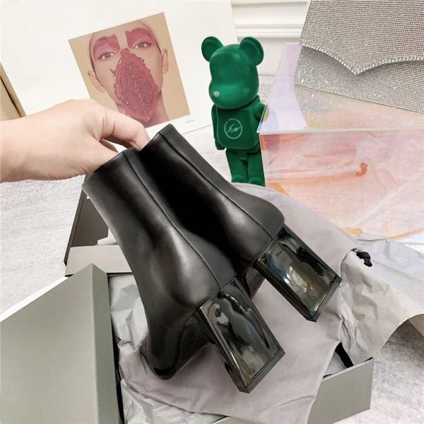 

new autumn winter classic leather ankle boot, square head flat block high heel zipper fashionable ankle boot original packaging, Black