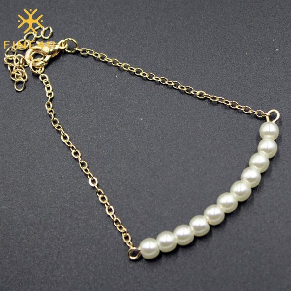 

fine4u b492 white cultured freshwater pearl bracelet adjustable link chain 6 to 10 inch bracelet, Black