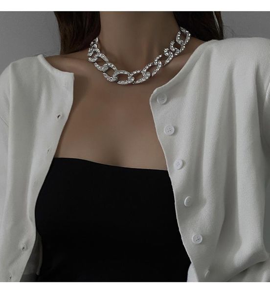 

chokers timeonly luxury full rhinestone chunky chain necklaces for women silver color hollow wide curb link necklace jewelry, Golden;silver