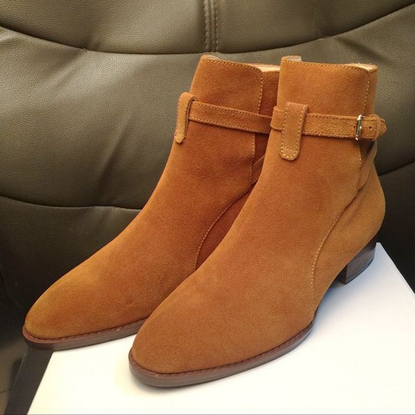 Venda imperdível - Botas de cano alto de camurça de couro genuíno Harry wyatt charme botas de cunha slp moda masculina clássica preta vermelha marrom botas de brim com tira no tornozelo