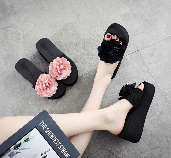 

cm high heel womens slippers female summer big flower sandals and slippers word slippers female thick bottom beach drag slip, Black