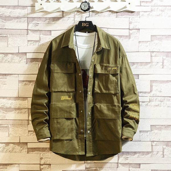 

casual mark male shirts long sleeves 2020 new spring plus oversize m-5xl black pocket gray green cargo jvgg, White;black