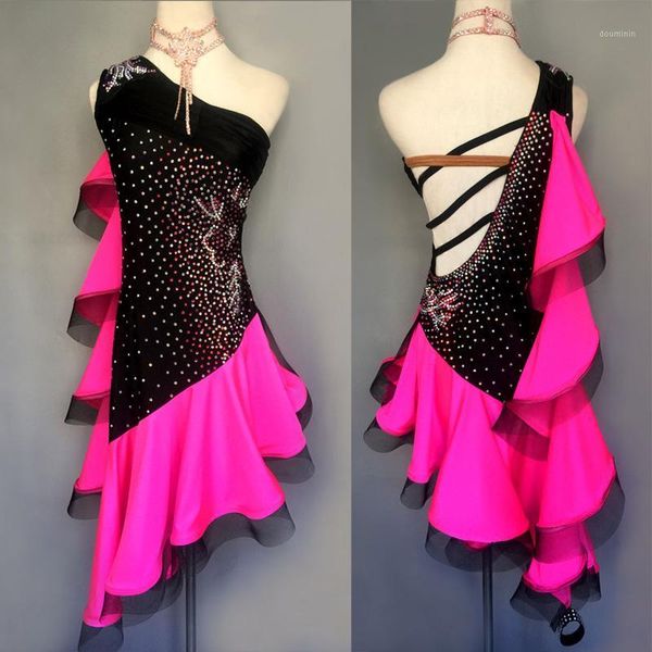 

2020 latin dance costume professional competition dress necklace suit latin dancing dress rhinestone performing costume female1, Black;red