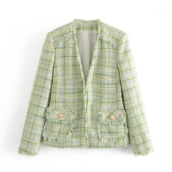 

women's suits & blazers vintage stylish plaid tweed coat women 2021 fashion pocket tassel office ladies outerwear casual casaco femme1, White;black