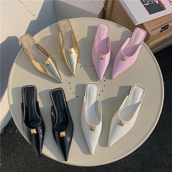 

monmoira pointed toe flat outdoor slippers women gold rivets elegant solid flat sandals women brand design ladies slides, Black