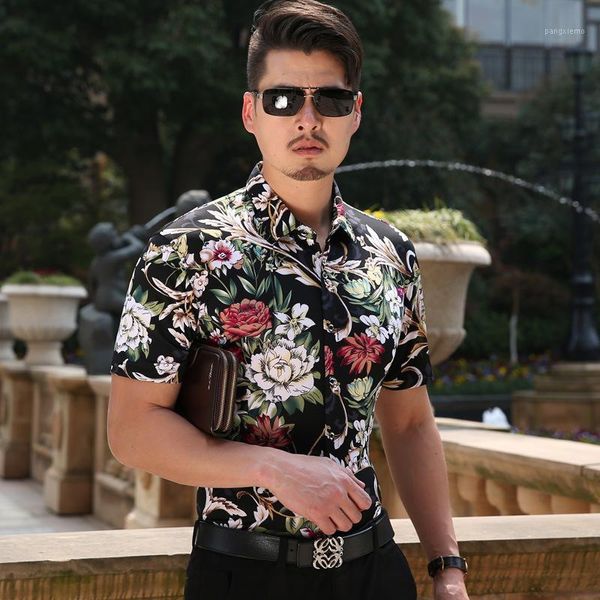

2020 new summer men's fashion floral printed short sleeve flowers dress shirt1, White;black
