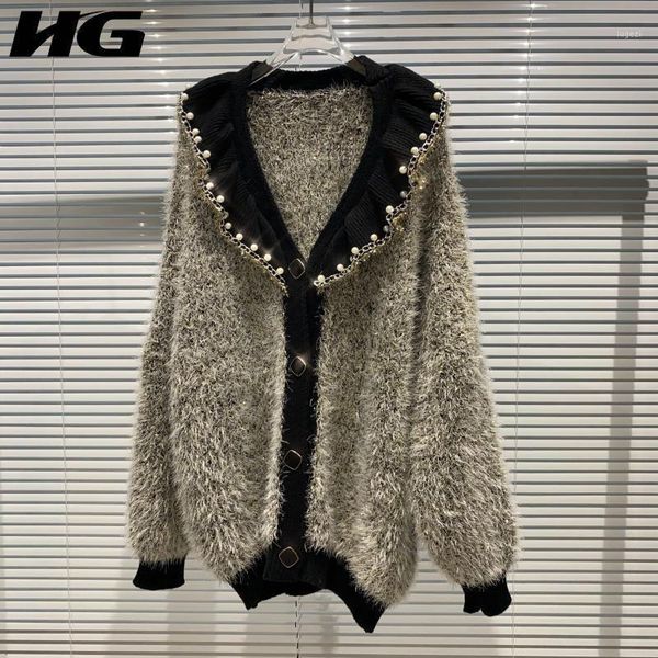 

hg single breasted knitted sweater women 2020 autumn casual fashion new style temperament all match v neck women clothes zy15311, White
