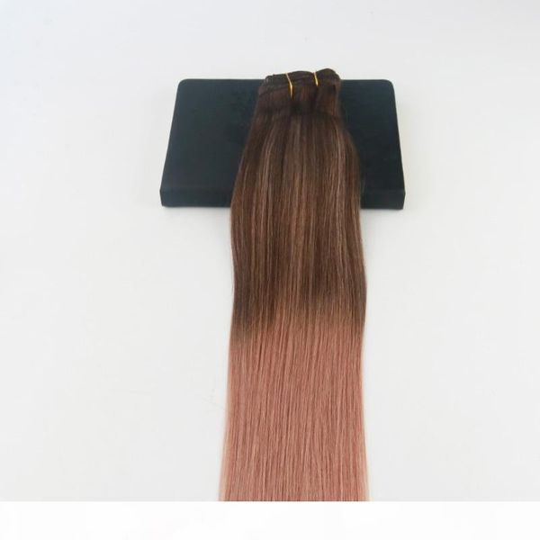 

14-24" 7pcs 100gram color #3 dark browm fading to color rose gold brazilian remy hair extensions full set cilp on hair extensions, Black;brown