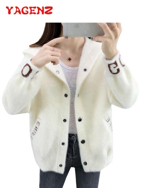 

yagenz autumn winter imitation mink cashmere sweater jacket cardigan sweater women hooded letter short coat thick outwear 514, White