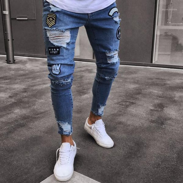 

men's jeans 2021 men hole hip-hop embroidered jeans1, Blue