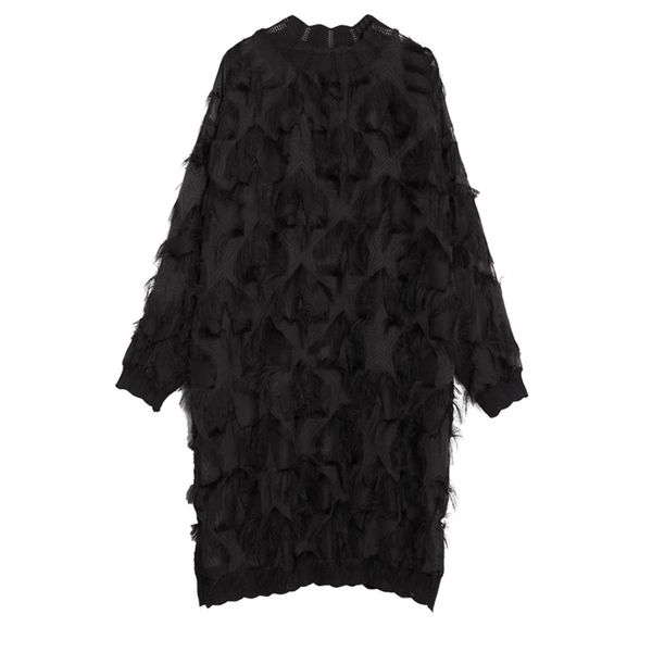 

eam] 2021 new spring autumn stand collar long sleeve perspective black loose tassels big size dress women fashion tide ji780 c0122