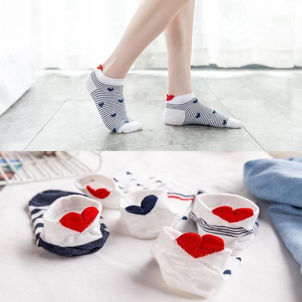 

5 pairs new stripe kawaii ladies cotton short socks cute stereoscopic heel red heart fashion spring summer women ship socks1, Black;white