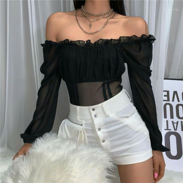 

women off shoulder short romper long sleeve mesh perspective jumpsuit stretch bodysuit leotard blouse1, Black;white
