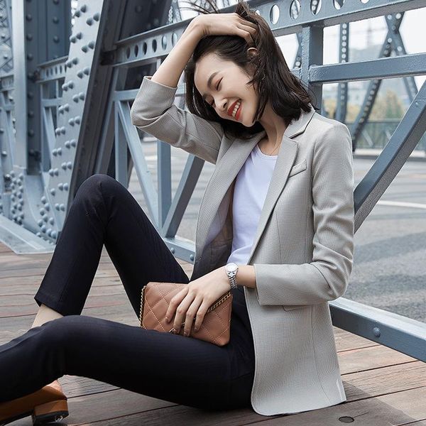 

the grid suit jacket is forked by the woman polyester double breasted regular blazers coat long-sleeve notched collar, White;black